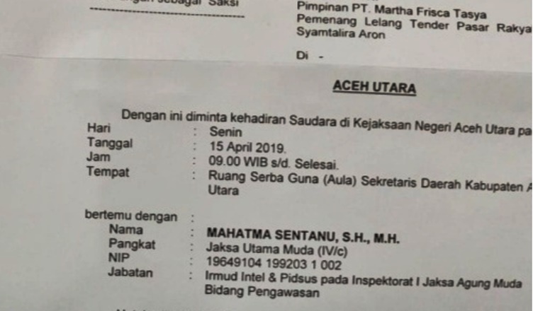 MaTA: Kejagung Periksa Kajari Aceh Utara Terkait Dugaan Fee Proyek Pasar